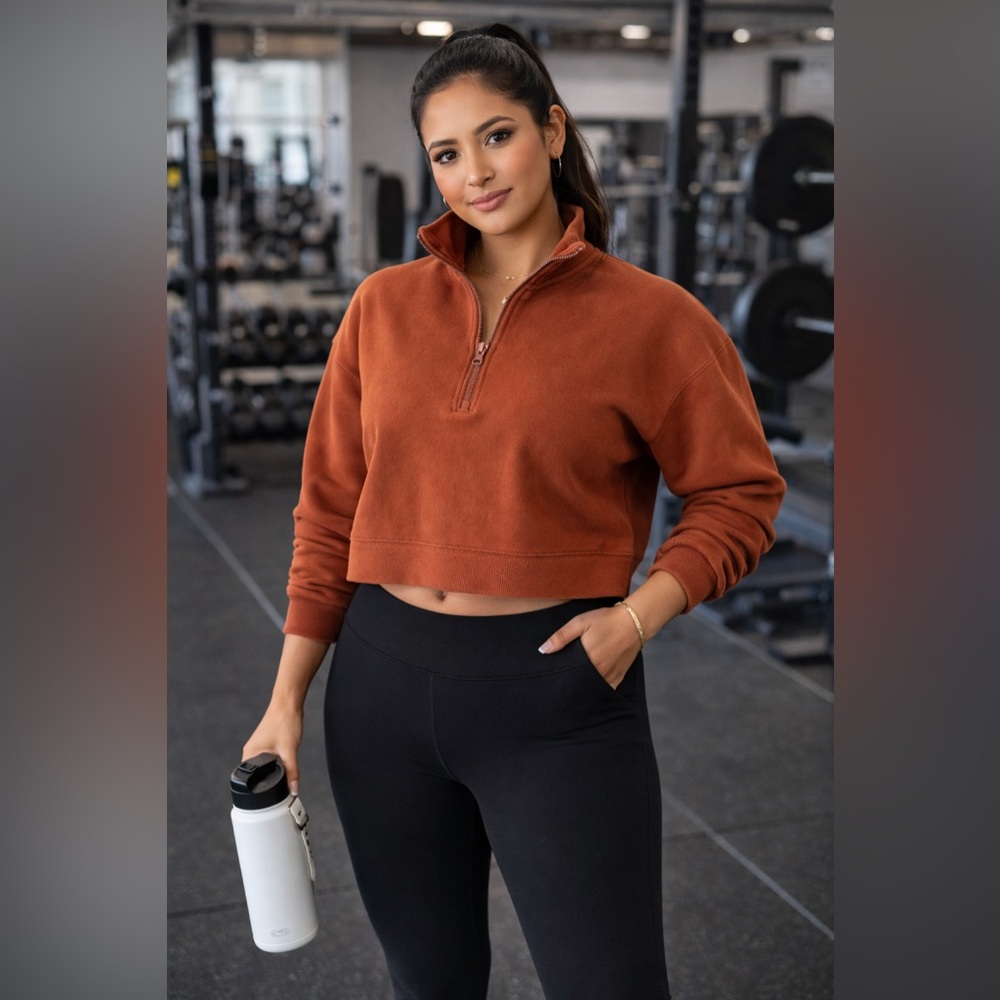 Fabletics Cropped Half Zip Sweatshirt Rust Mock Neck Athleisure Gymrat